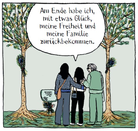 Panel from Don't Give Up! by Birgit Weyhe (2026). Animated image of three women embracing outdoors surrounded by trees. 