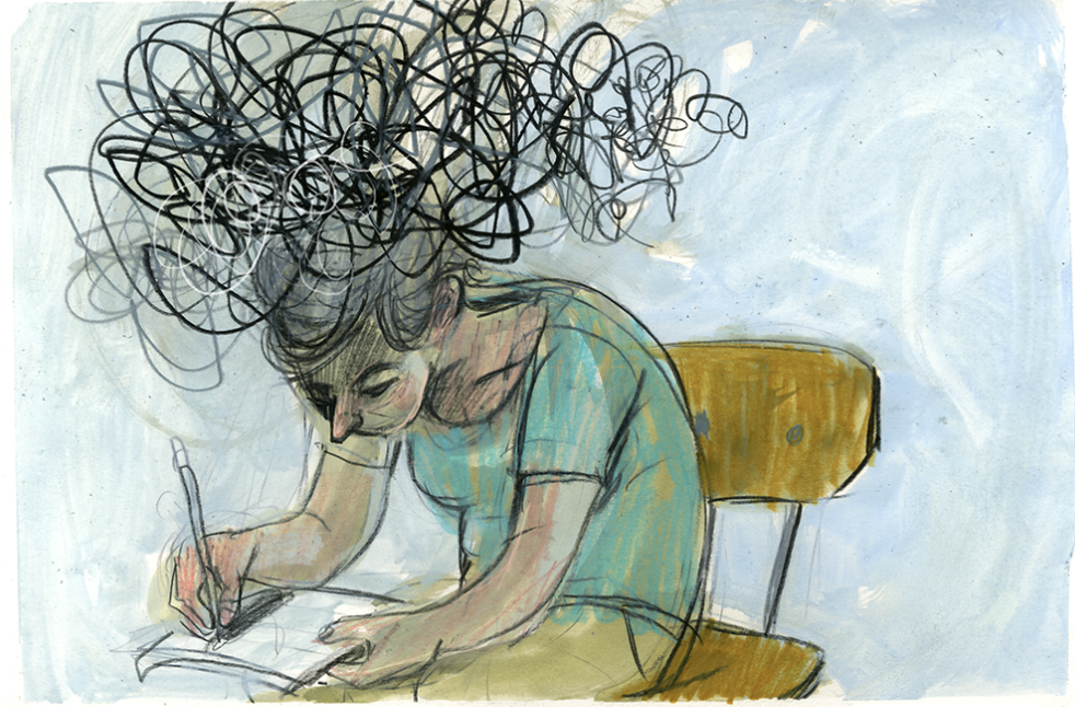 Screenshot 2026-09-23 at 11.01.38 PM Drawing of Yelin sitting on a chair writing in a note book, leaned over. Black spirals arise above her head.
