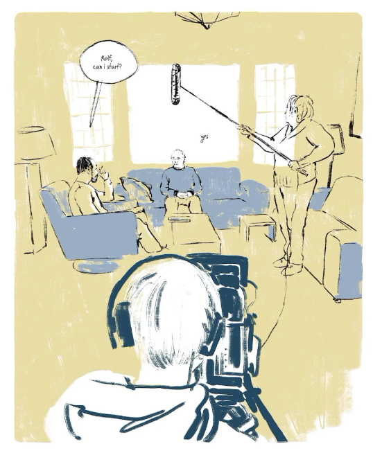 Illustrated image of a man filming an interview of another two men.